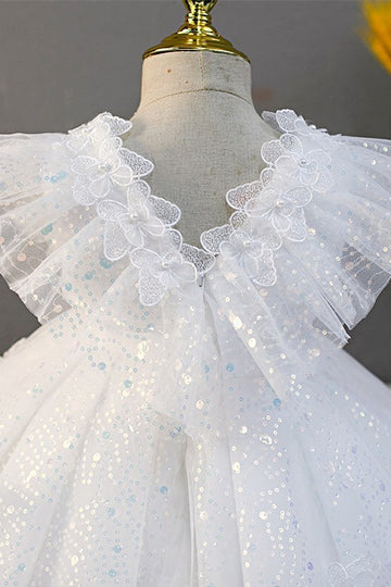 White Sequins Butterfly Ruffled Sleeve Girl Party Dress