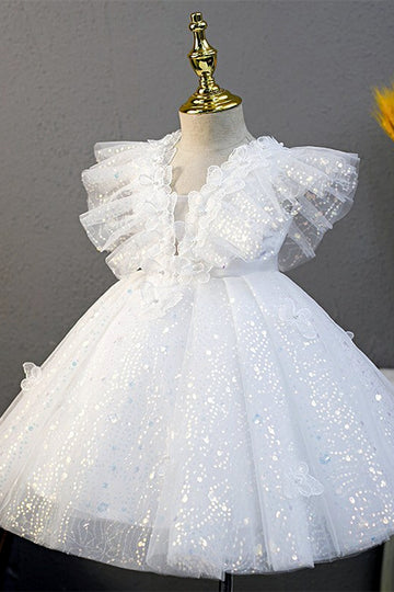 White Sequins Butterfly Ruffled Sleeve Girl Party Dress