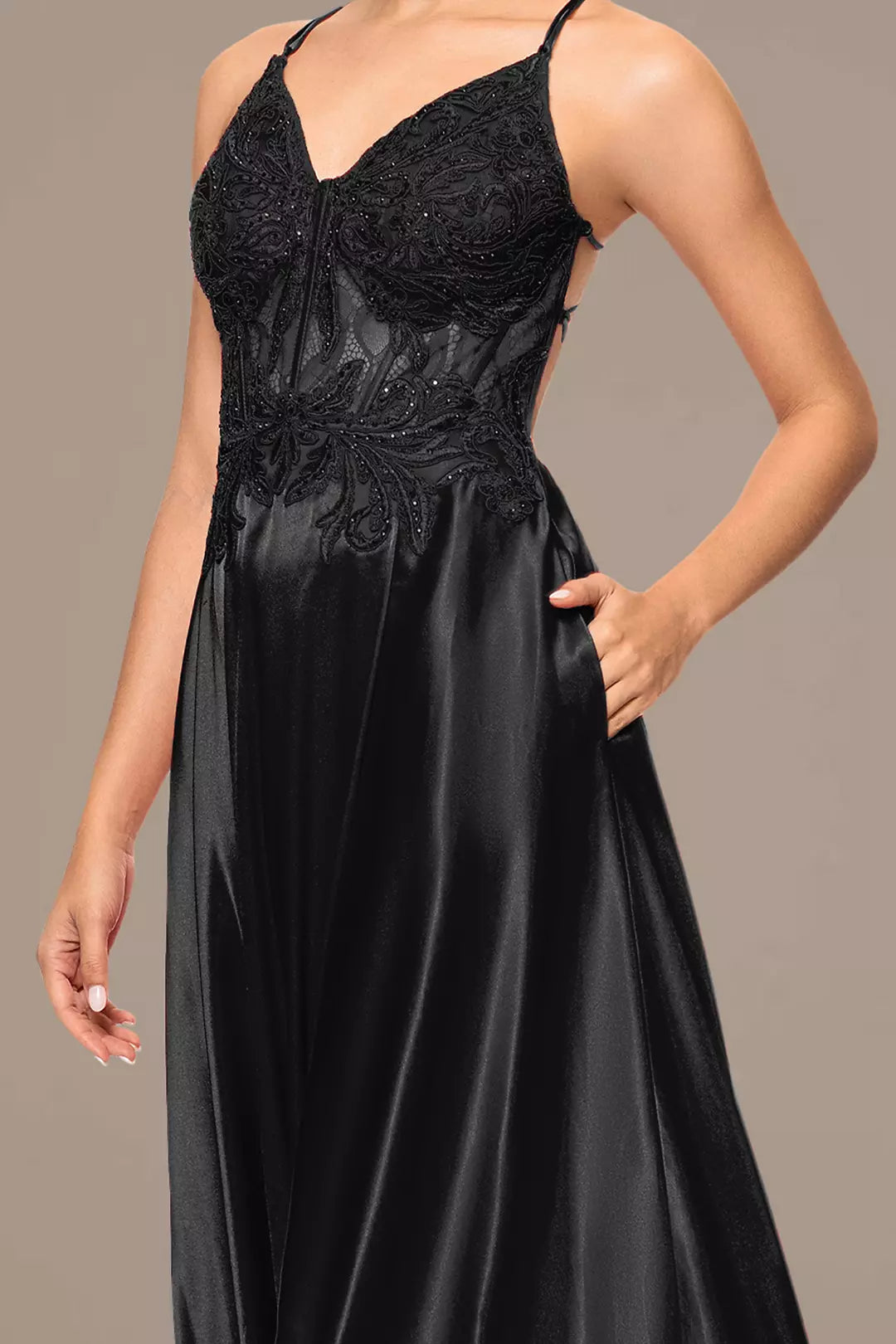 Charmeuse A-Line Dress with Appliqued Bodice