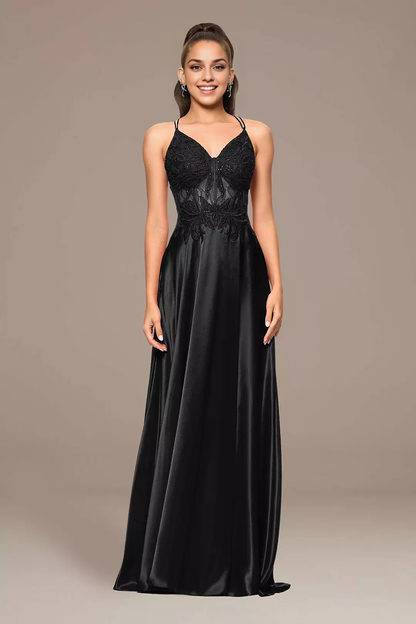 Charmeuse A-Line Dress with Appliqued Bodice