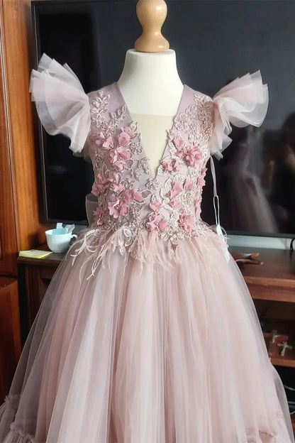 Dusty Lavender Flower Ruffled Sleeve A-Line Girl Party Dress