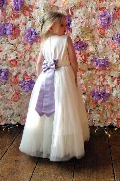 White Sleeveless Flower Girl Dress with Lavender Bow at Back
