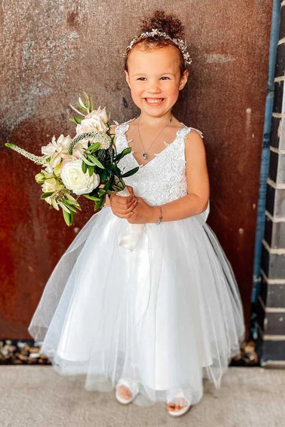 White V-Neck Appliques Backless A-Line Flower Girl Dress