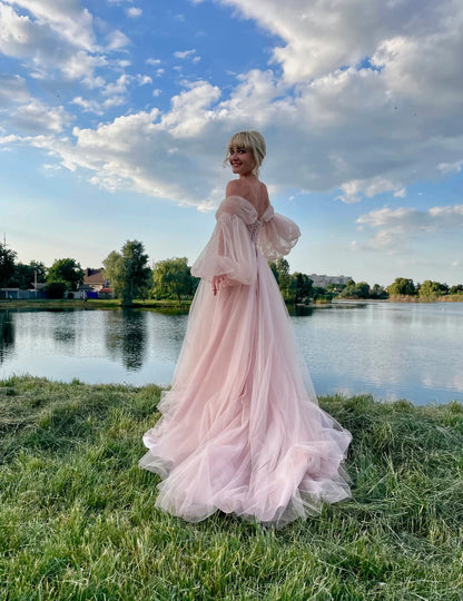 Soft pink event dress Puffy tulle dress puff sleeves Wedding DressProm Dress Pink dress for photo corset dress