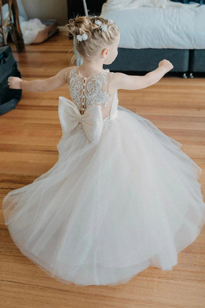 White Sleeveless Bow Back Flower Girl Dress