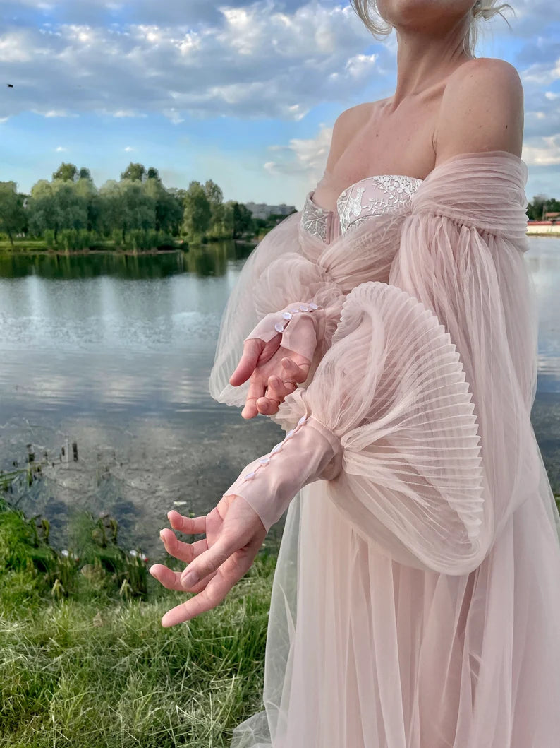 Soft pink event dress Puffy tulle dress puff sleeves Wedding DressProm Dress Pink dress for photo corset dress
