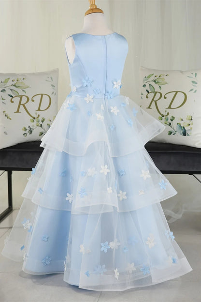 Multi-tiered Light Blue Sleeveless Flower Girl Dress with 3D Flowers