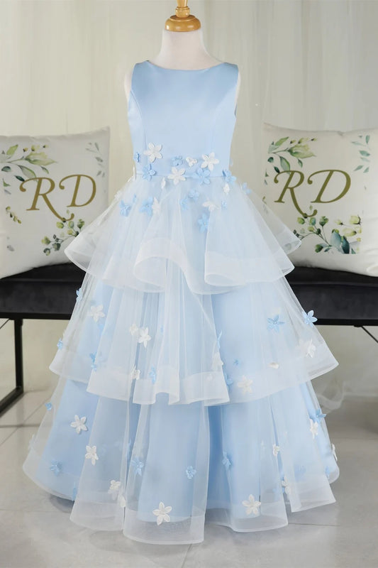 Multi-tiered Light Blue Sleeveless Flower Girl Dress with 3D Flowers