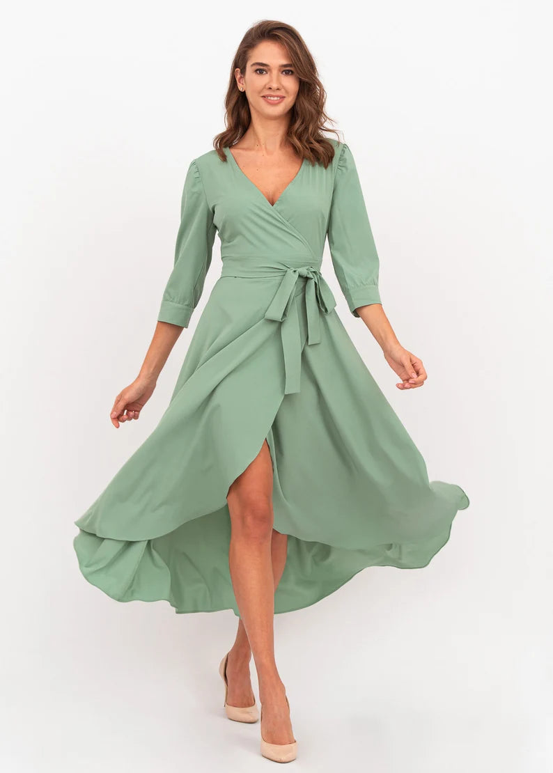 Sage green long wrap dress bridesmaid dress cocktail dress wedding gue Koutun Dress Sage green long wrap dress bridesmaid dress cocktail dress wedding gue Koutun Dress