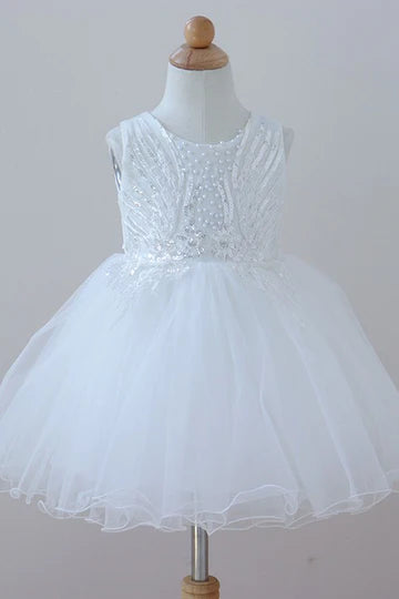 White Beading Sleeveless Flower Girl Dress