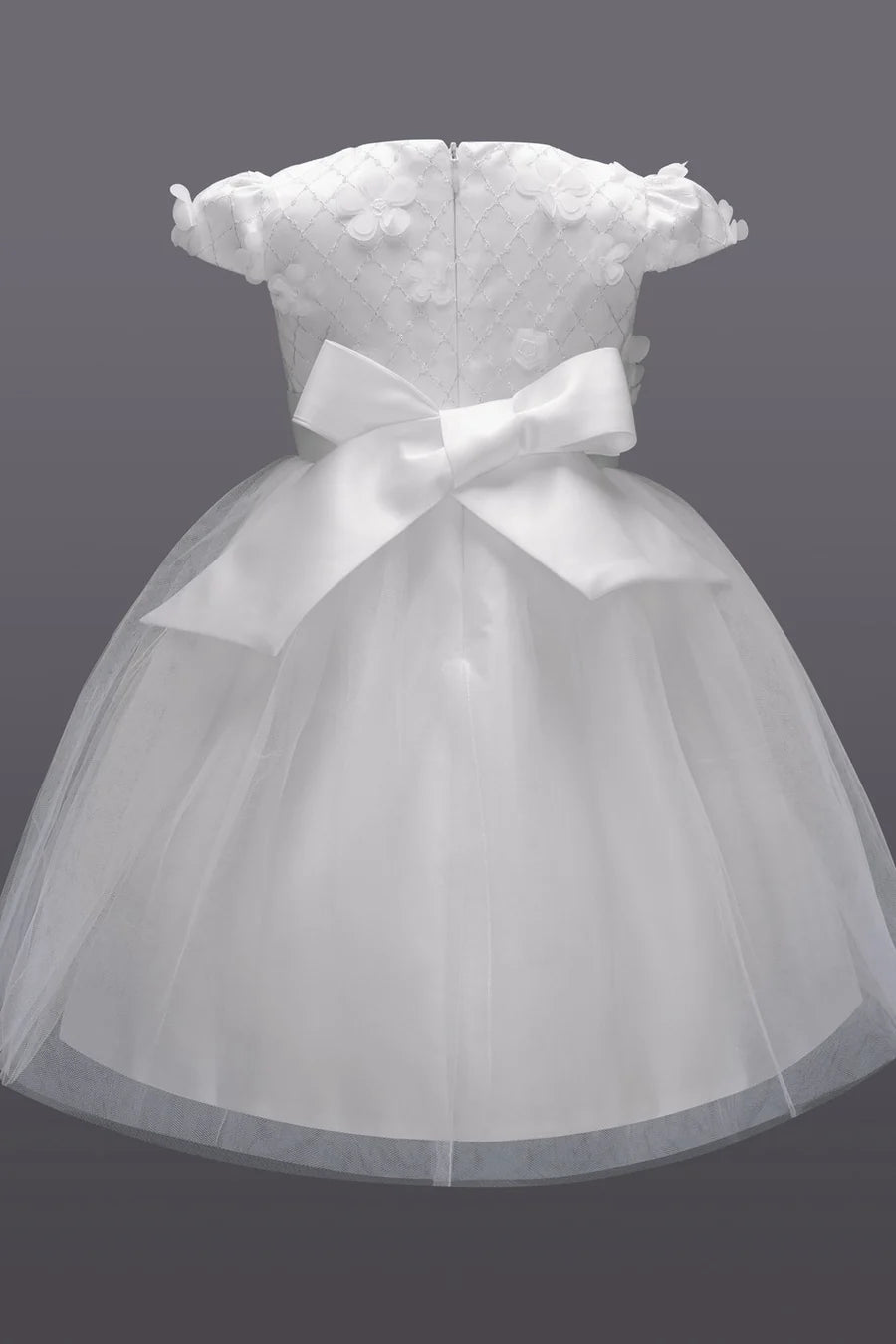 White 3D Flower Cap Sleeve Bow-Back Flower Girl Dress