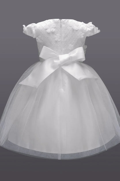 White 3D Flower Cap Sleeve Bow-Back Flower Girl Dress