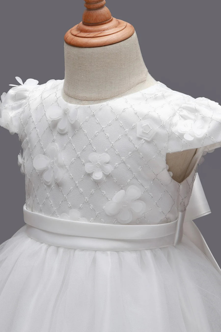 White 3D Flower Cap Sleeve Bow-Back Flower Girl Dress