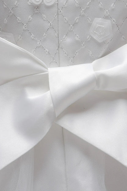 White 3D Flower Cap Sleeve Bow-Back Flower Girl Dress