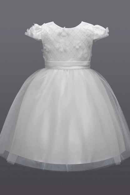 White 3D Flower Cap Sleeve Bow-Back Flower Girl Dress