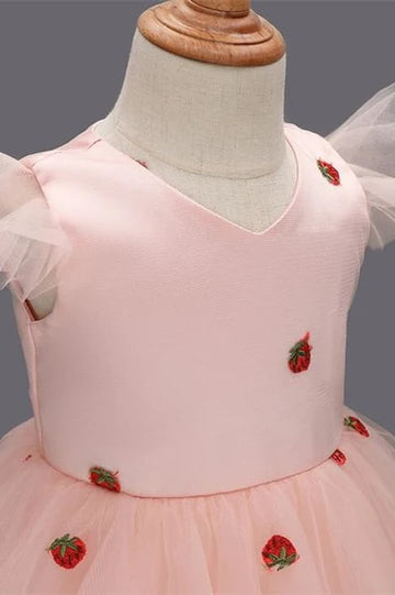 Pink Strawberry Ruffled Sleeve Girl Party Dress