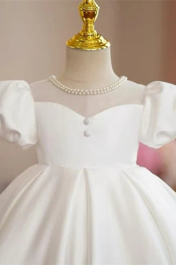 Vintage White Pearls Puff Sleeve Flower Girl Dress