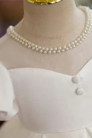 Vintage White Pearls Puff Sleeve Flower Girl Dress