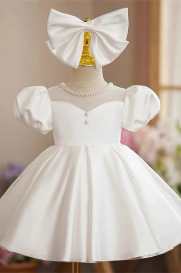 Vintage White Pearls Puff Sleeve Flower Girl Dress