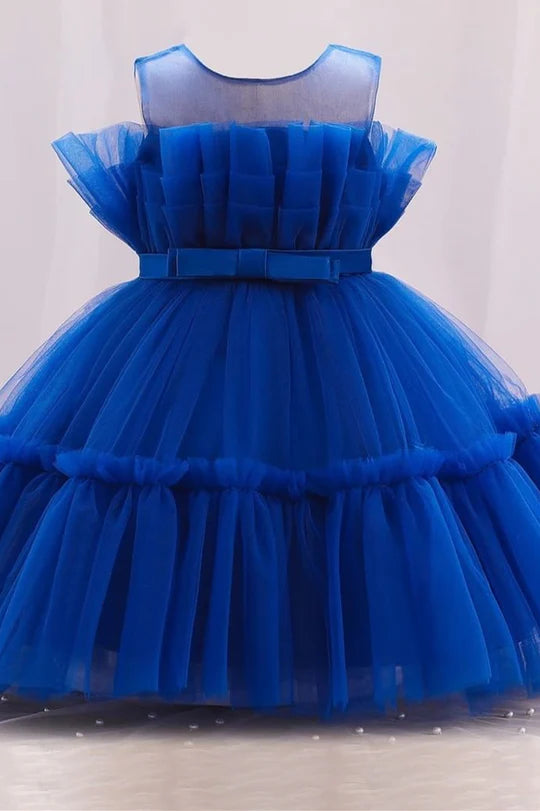 Blue Tulle Sleeveless Bow Girl Party Dress