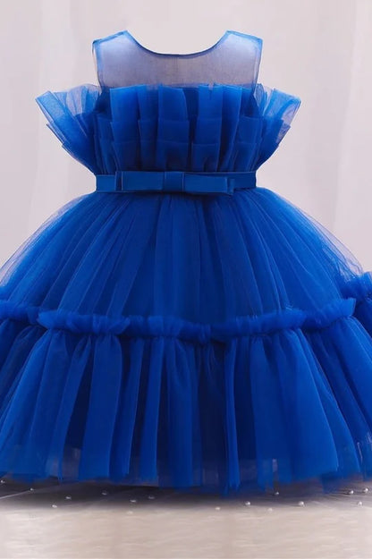 Blue Tulle Sleeveless Bow Girl Party Dress