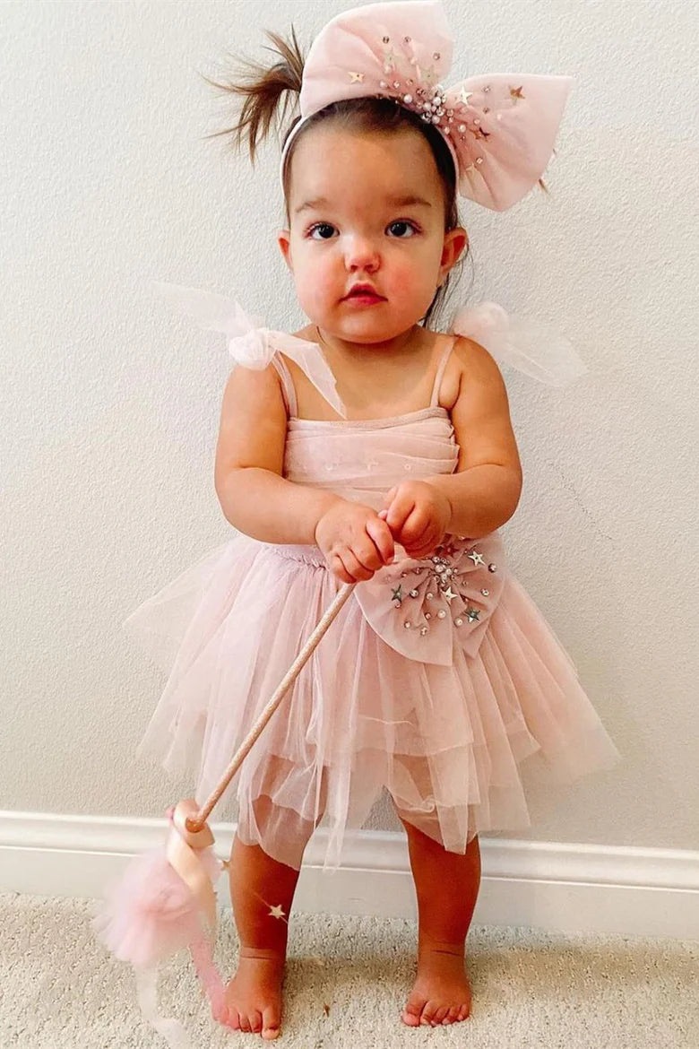 Blush Pink Straps Bow Flower Girl Dress