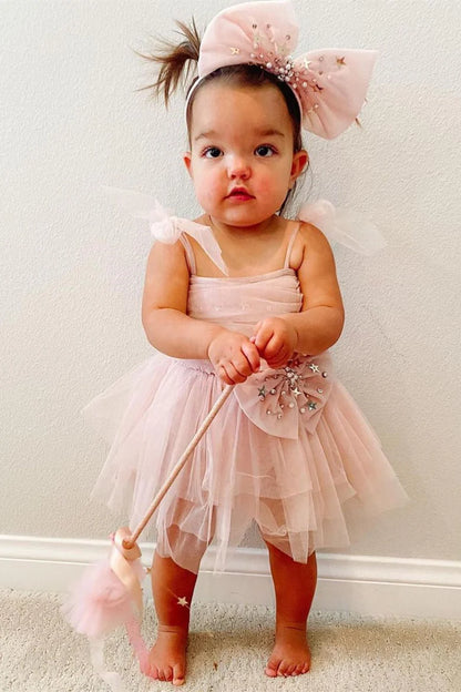 Blush Pink Straps Bow Flower Girl Dress