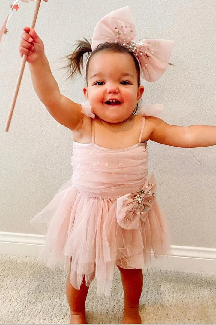 Blush Pink Straps Bow Flower Girl Dress