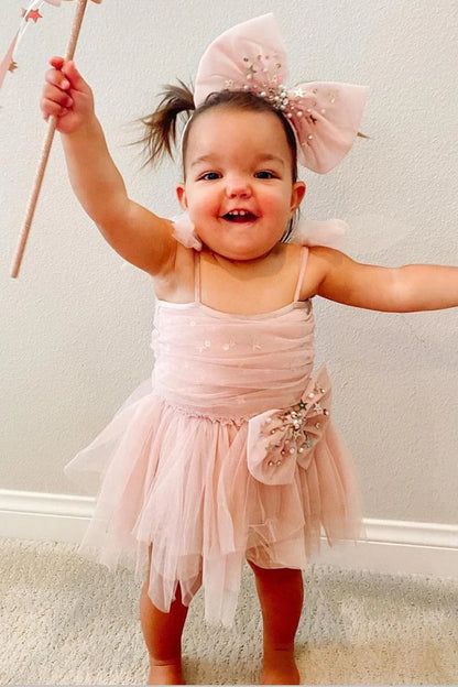 Blush Pink Straps Bow Flower Girl Dress