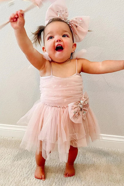 Blush Pink Straps Bow Flower Girl Dress