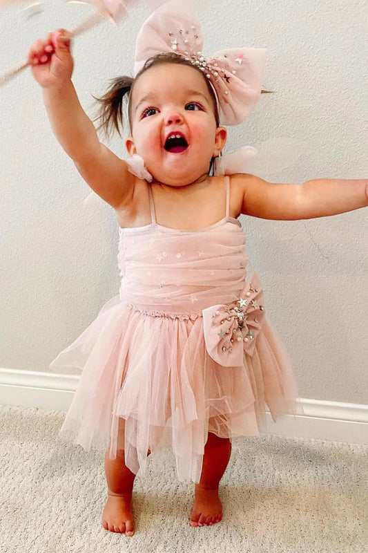 Blush Pink Straps Bow Flower Girl Dress