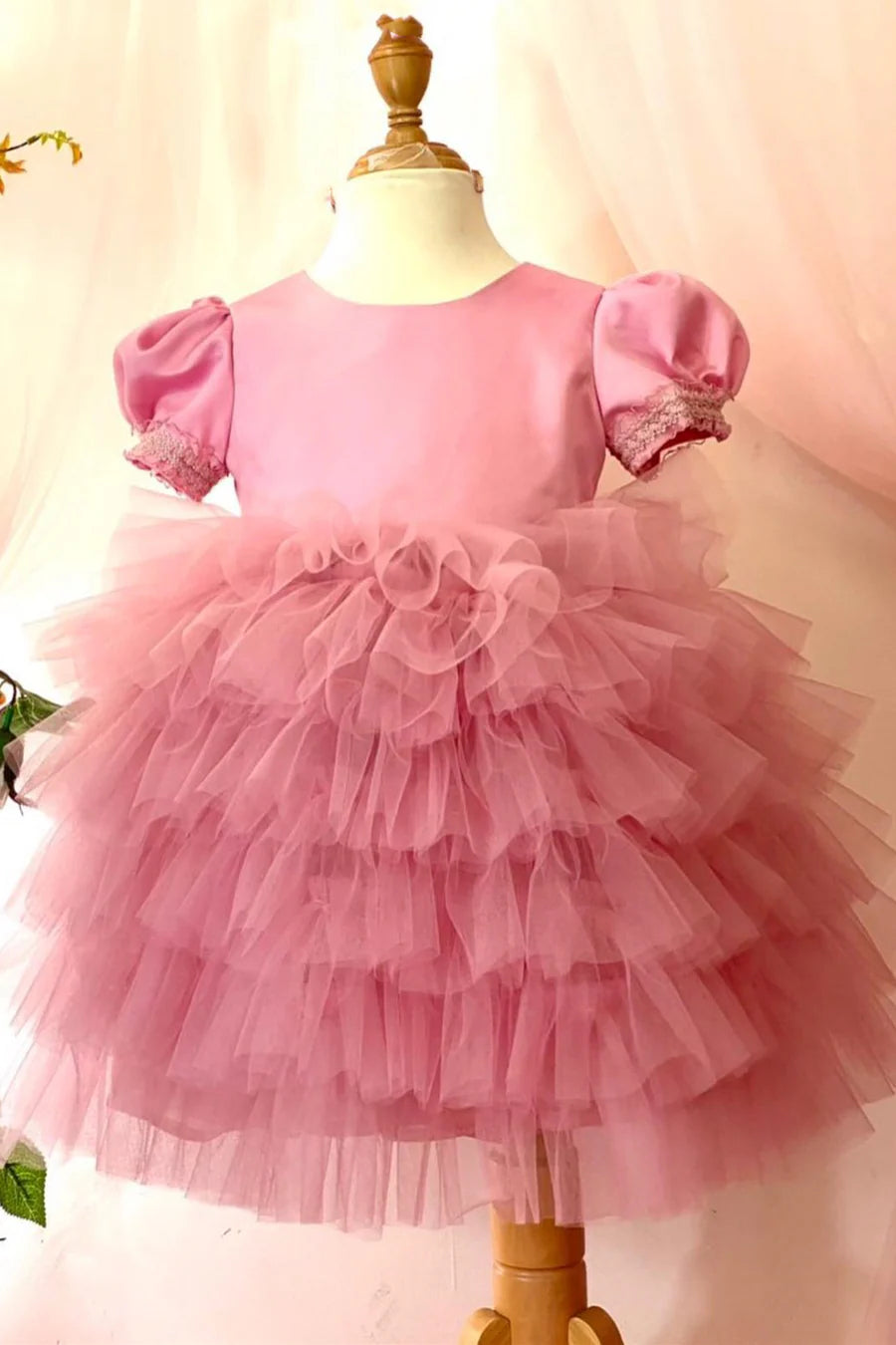 Hot Pink Puff Sleeve Multi-tiered Flower Girl Dress