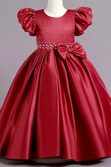Hot Pink Pearls Puff Sleeve A-Line Girl Party Dress with Bows