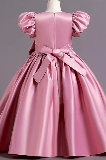 Hot Pink Pearls Puff Sleeve A-Line Girl Party Dress with Bows