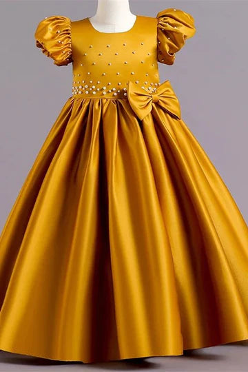 Hot Pink Pearls Puff Sleeve A-Line Girl Party Dress with Bows