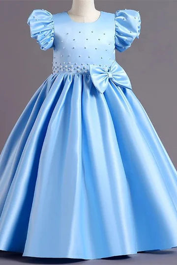 Hot Pink Pearls Puff Sleeve A-Line Girl Party Dress with Bows