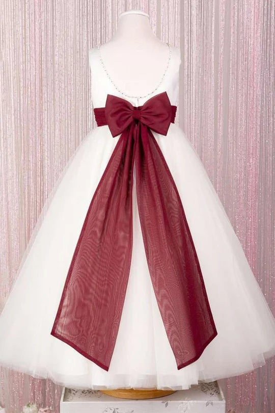 White Tulle Sleeveless Girl Party Dress with Red Bow