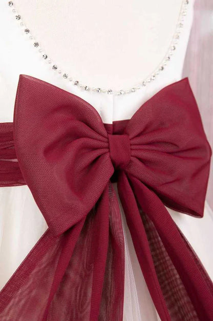 White Tulle Sleeveless Girl Party Dress with Red Bow