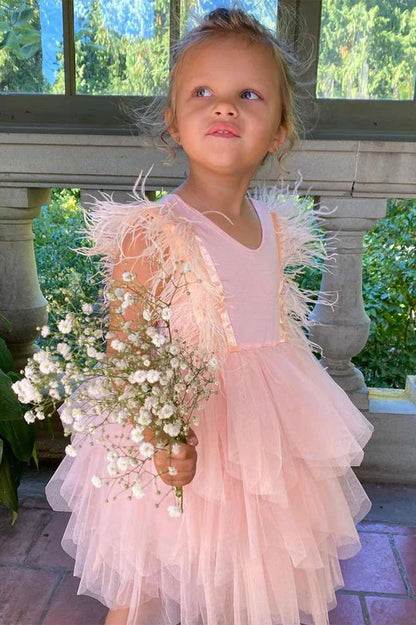 Pink Tulle Feather Sleeve Flower Girl Dress