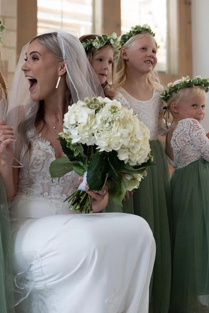 White & Green Lace Long Sleeve Backless Flower Girl Dress