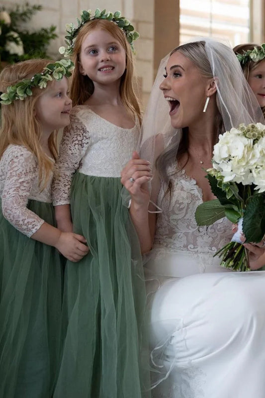 White & Green Lace Long Sleeve Backless Flower Girl Dress