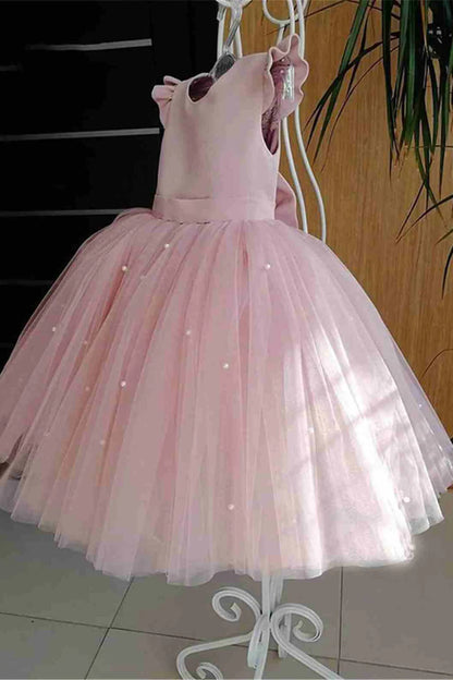 Pink Ruffled Sleeves Open Back Flower Girl Dress with Pearls