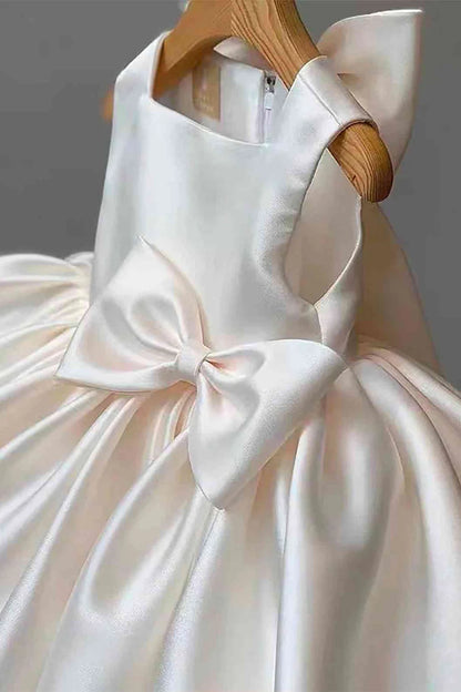 White Satin Square Neck Bow Back Girl Party Dress