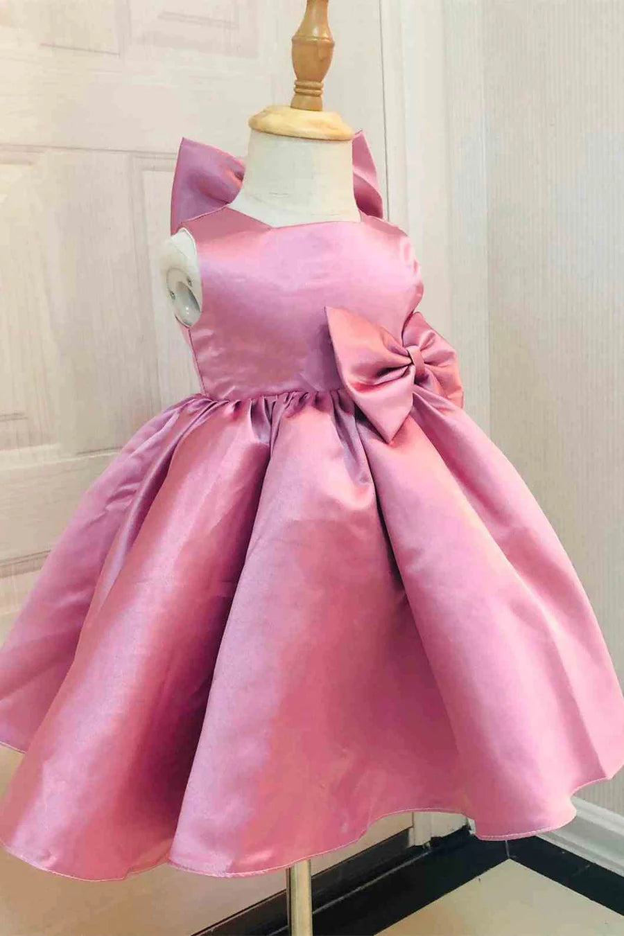 White Satin Square Neck Bow Back Girl Party Dress