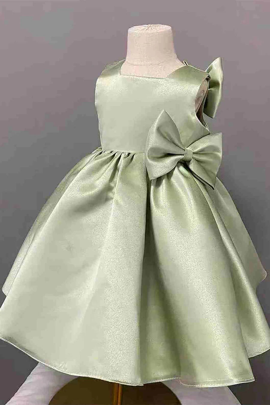 White Satin Square Neck Bow Back Girl Party Dress