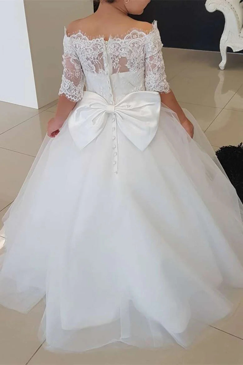 White Off-the-Shoulder Lace Bow-Back A-Line Flower Girl Dress