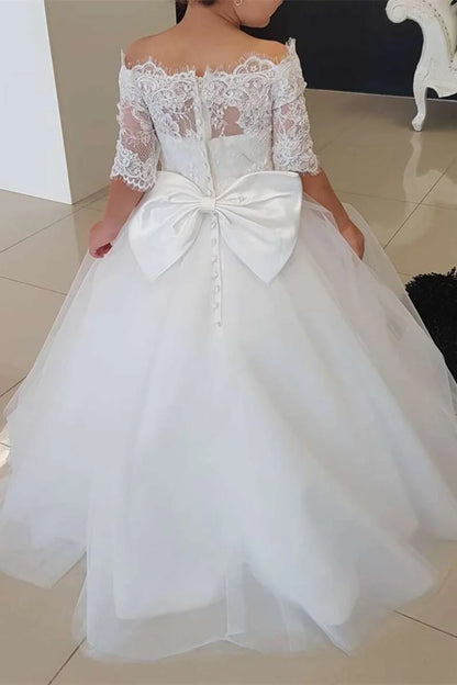 White Off-the-Shoulder Lace Bow-Back A-Line Flower Girl Dress