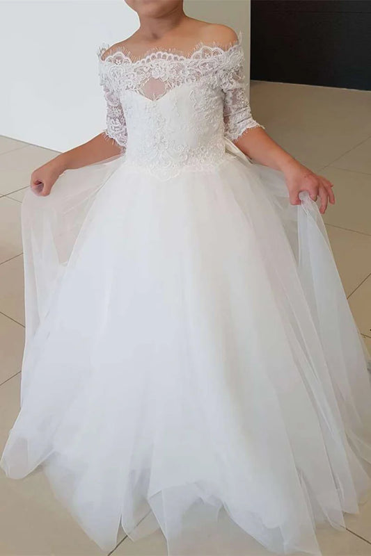 White Off-the-Shoulder Lace Bow-Back A-Line Flower Girl Dress