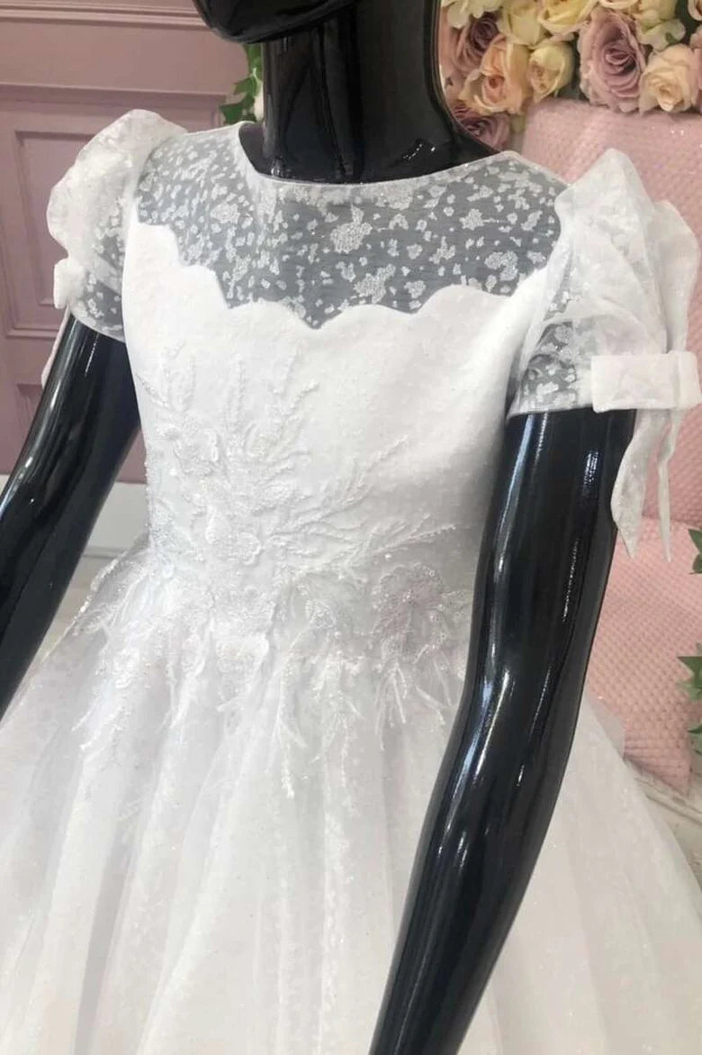 Cute White Puff Sleeve Appliqués Bow A-Line Flower Girl Dress