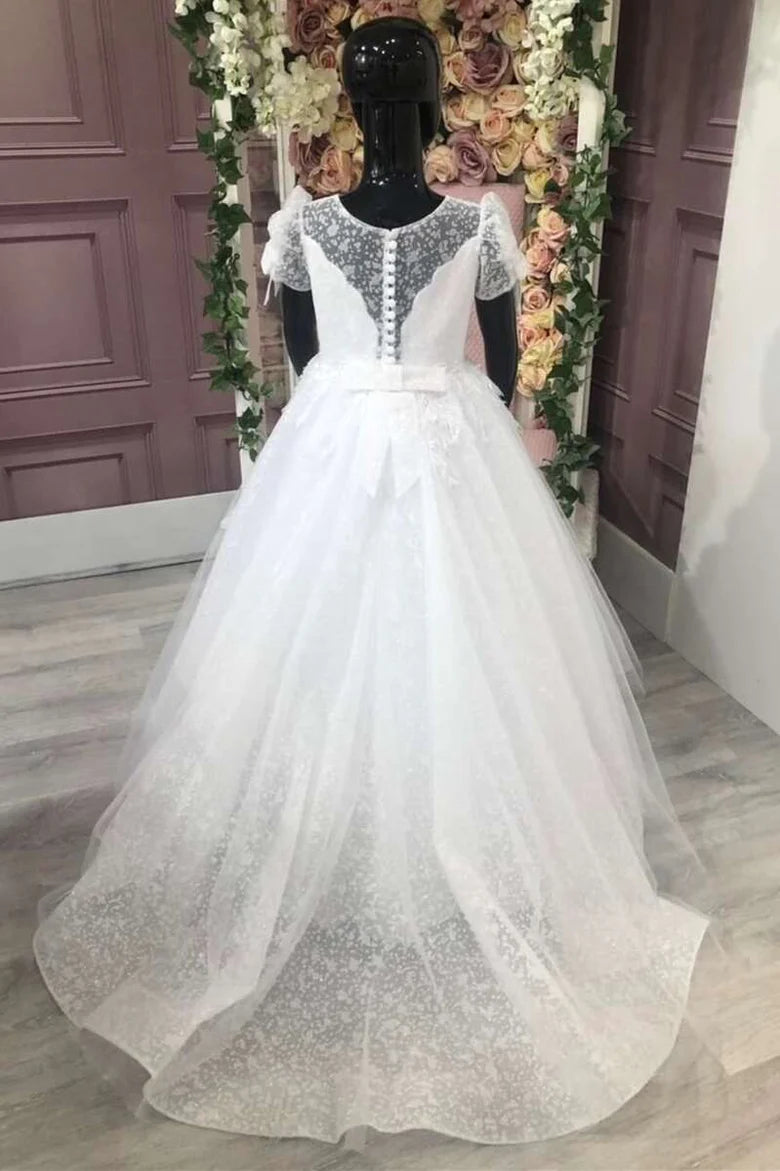 Cute White Puff Sleeve Appliqués Bow A-Line Flower Girl Dress